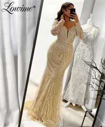 Light Champagne Formal Evening Dress Beaded Pearls Long Sleeves Arabic Party Gowns Mermaid Shiny Sequins Prom Dresses Customized