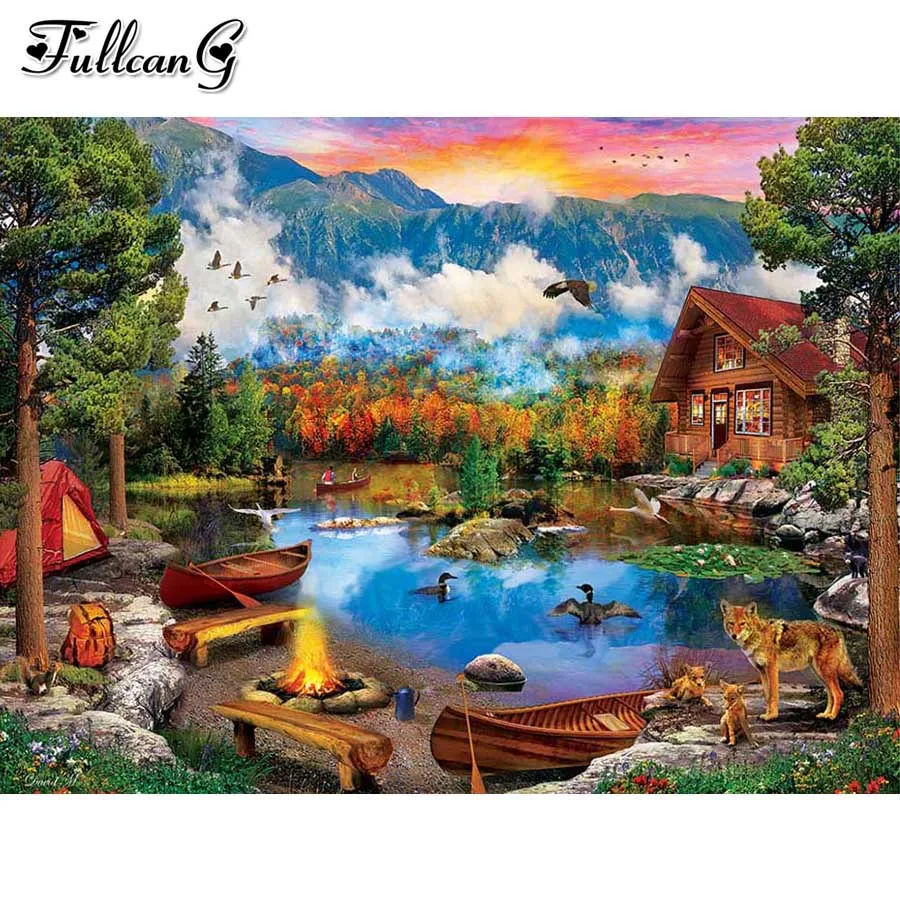 mountain bonfire wolf Diamond Painting cross stitch new arrival Rhinestone Embroidery animals lake duck mosaic pictureAA3374