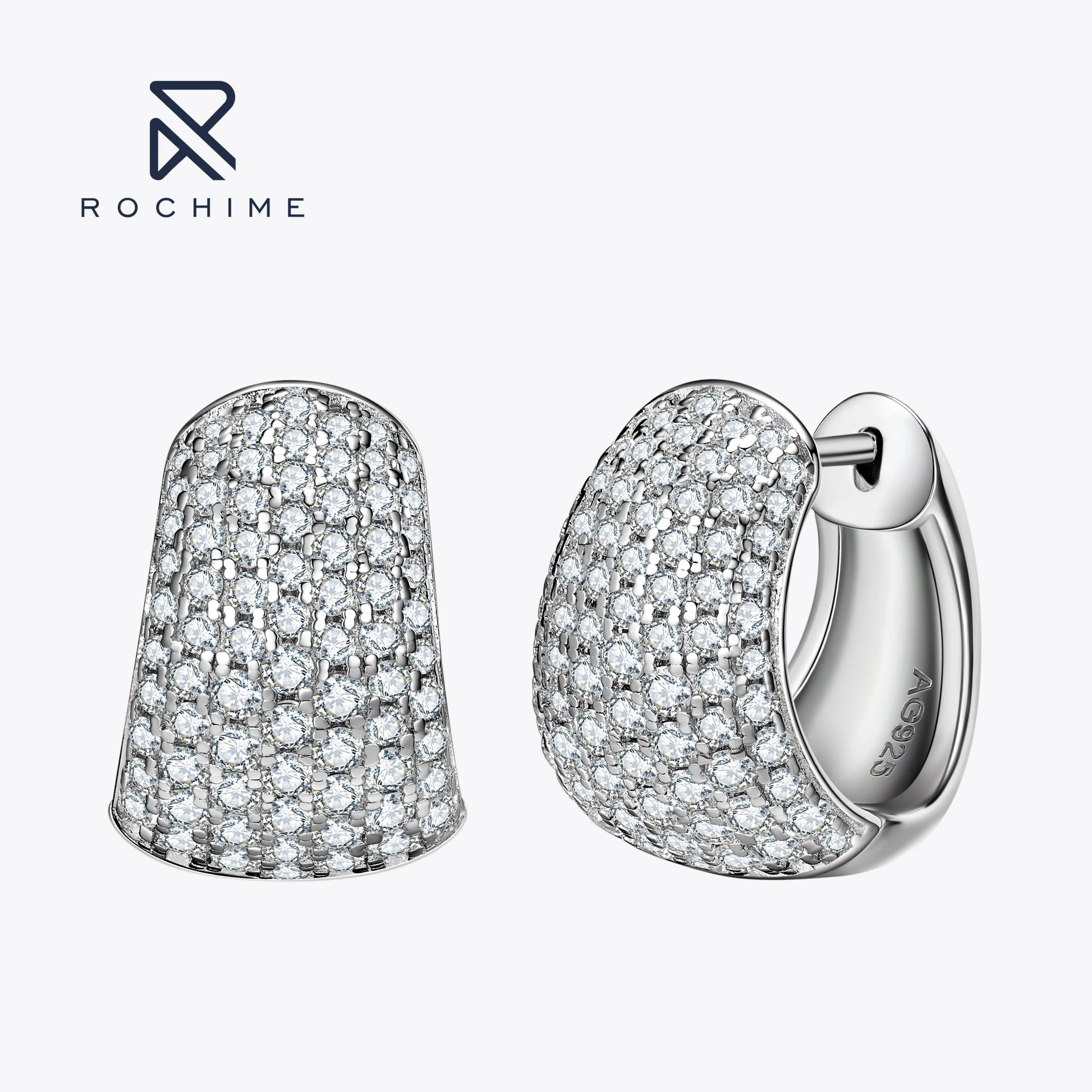 

Rochime Fashion Full Diamond Pave Huggie Earring S925 Silver Rhodium Plated 5a Zircon Fine Jewelry For Women