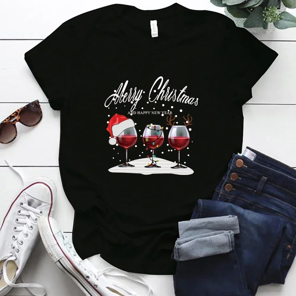 New Wine Glasses Christmas T Shirt Women\'s Fashion Funny Merry Christmas T Shirt Cute Women Graphic T-shirt Ladies Clothing Tee