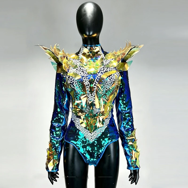Bar Nightclub DJ Party Rave Outfit Halloween Full Rhinestones Sequins Bodysuit Women Pole Dance Clothing Stage Rave Wear XS11888