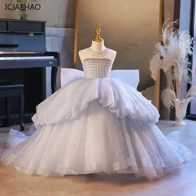 

Flower Girl Dresses for Weddings Princess Ball Gowns Young Kids Beading Big Bowknot Mermaid Dress Infant Luxury Party Costume