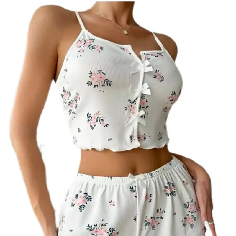 여성을위한 여름 잠옷 패션 꽃 프린트 파자마 세트 V 넥 캐미 탑 레터 트림 반바지 섹시한 란제리 Loungewear