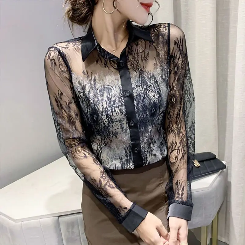 

Lace Cut Out Blouse Shirt Women 2023 Long Sleeve Age Reducing Westernized Polo Neck Design Sense French Blouse Female Top