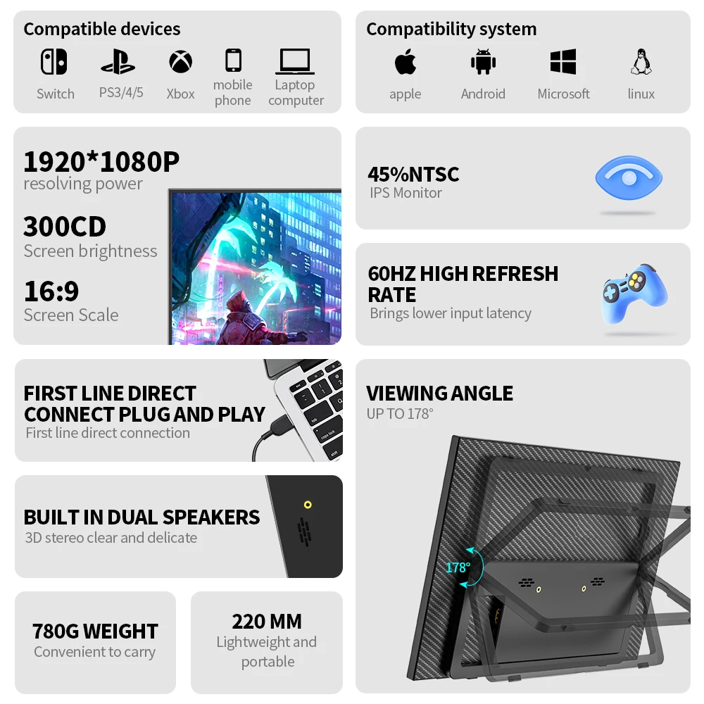 FIREBAT FB16 15.6 Inch 1920*1080 60Hz Refresh Rate 45%sRGB Portable Display Monitor