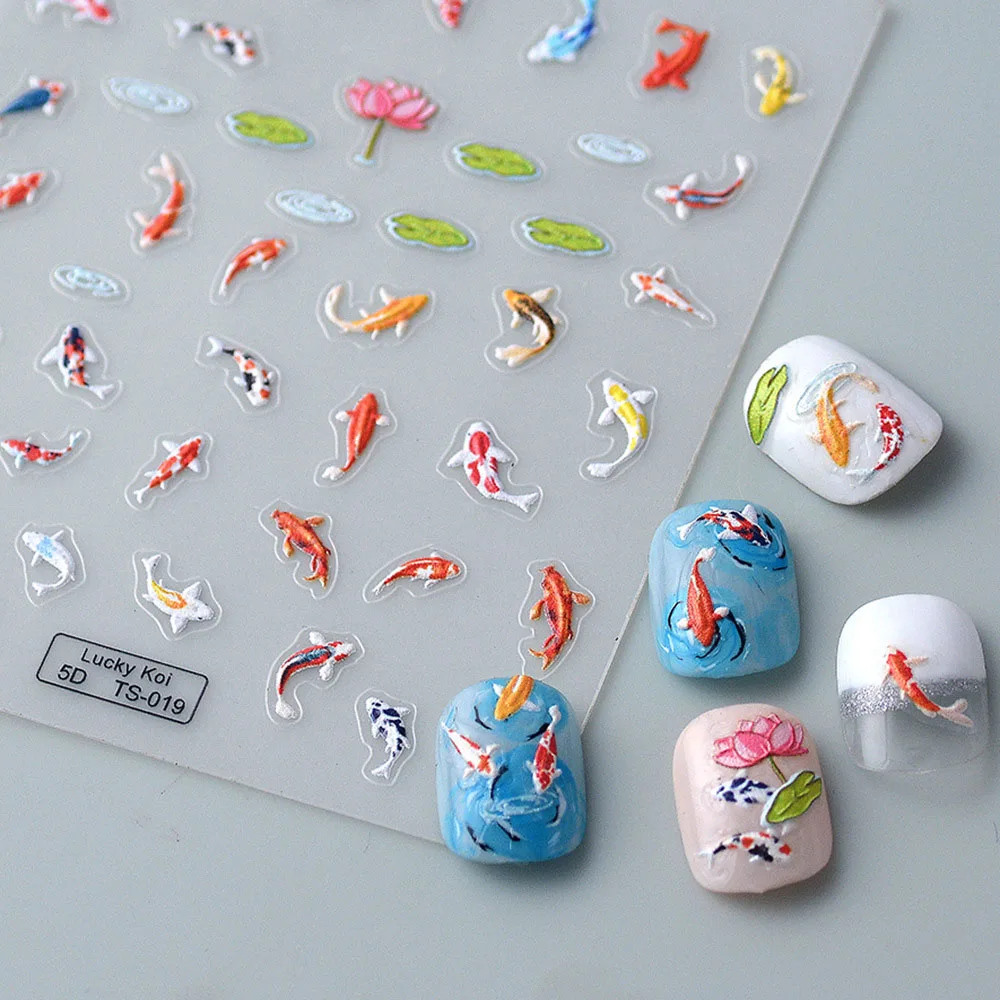 

5D Koi Carp Nail Sticker Green Lotus Kawaii Red Carp Nail Slider for Manicure Relief DIY Acrylic Nails Fish Accessories Decal