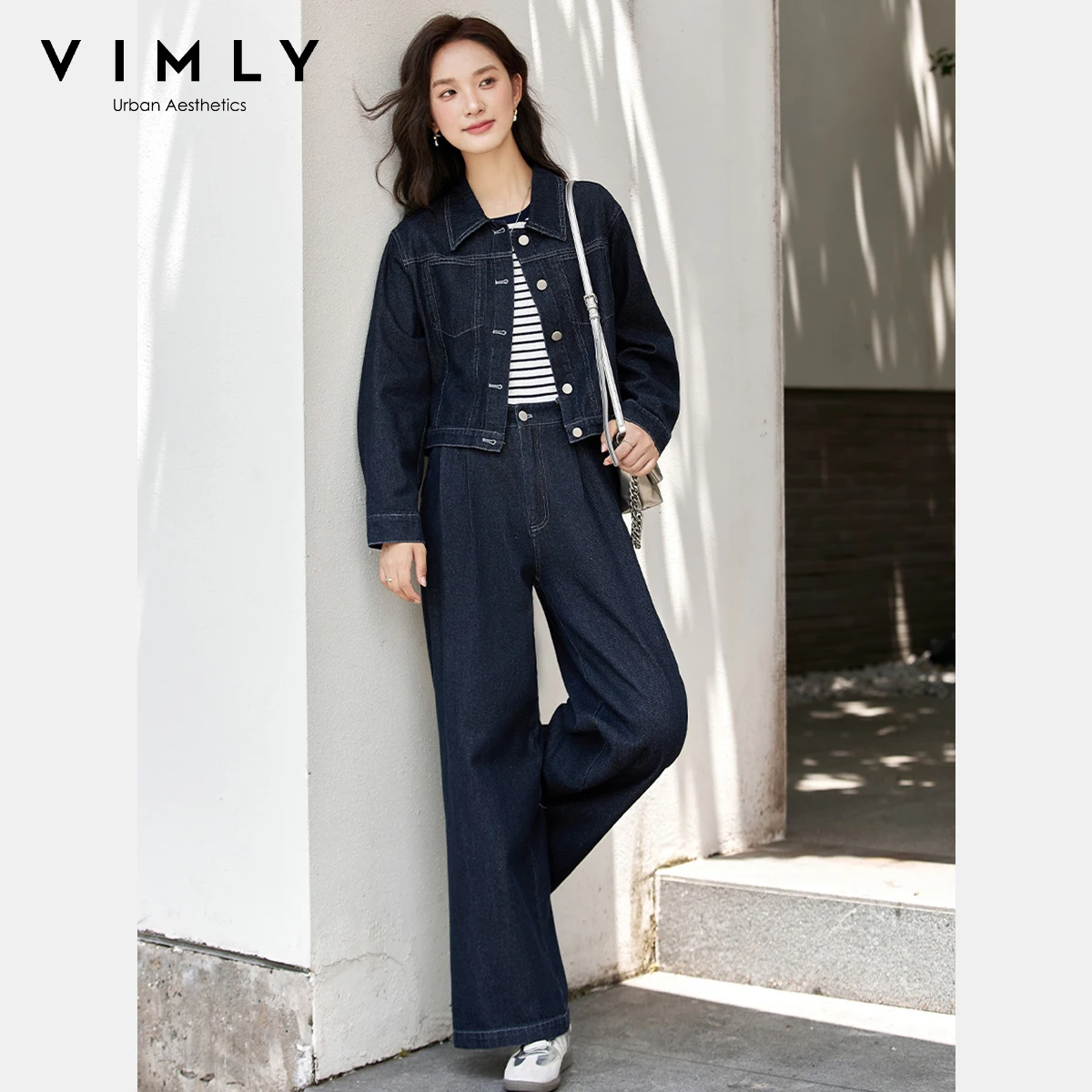 

VIMLY Women Blue Denim Pant Sets Vintage Autumn 2025 New Bright Line Decoration Top Wide-leg Trousers Female Two-piece Set A2200