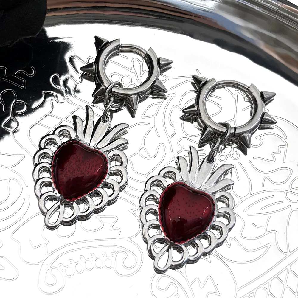 

Punk Red Enamel Hollow Sacred Heart of Jesus Drop Earrings for Women Men Stainless Steel Silver Color Catholic Earring Jewelry