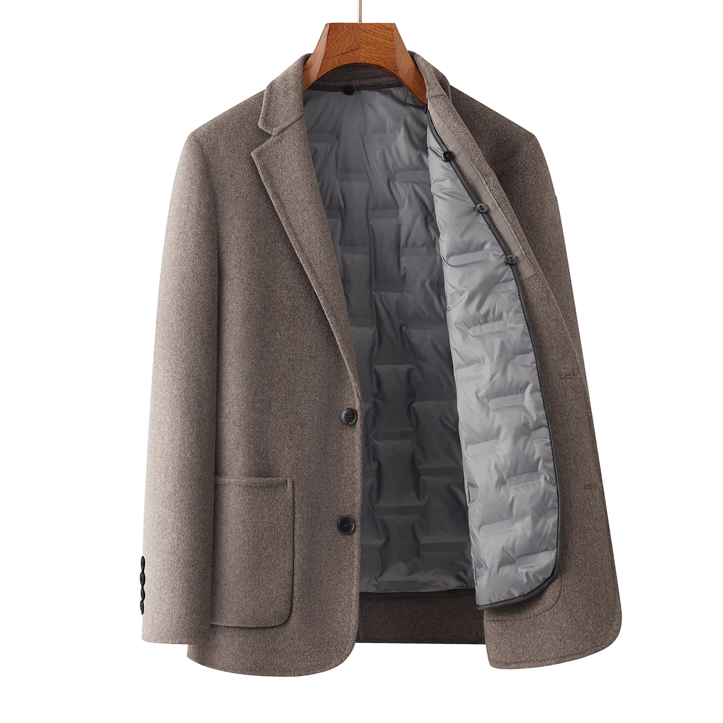 

Luxury Men's Double-Faced Wool-Blend Suit Hand Sewing Woolen Blazers With Detachable Down Puff Vest Liner Design Overcoat