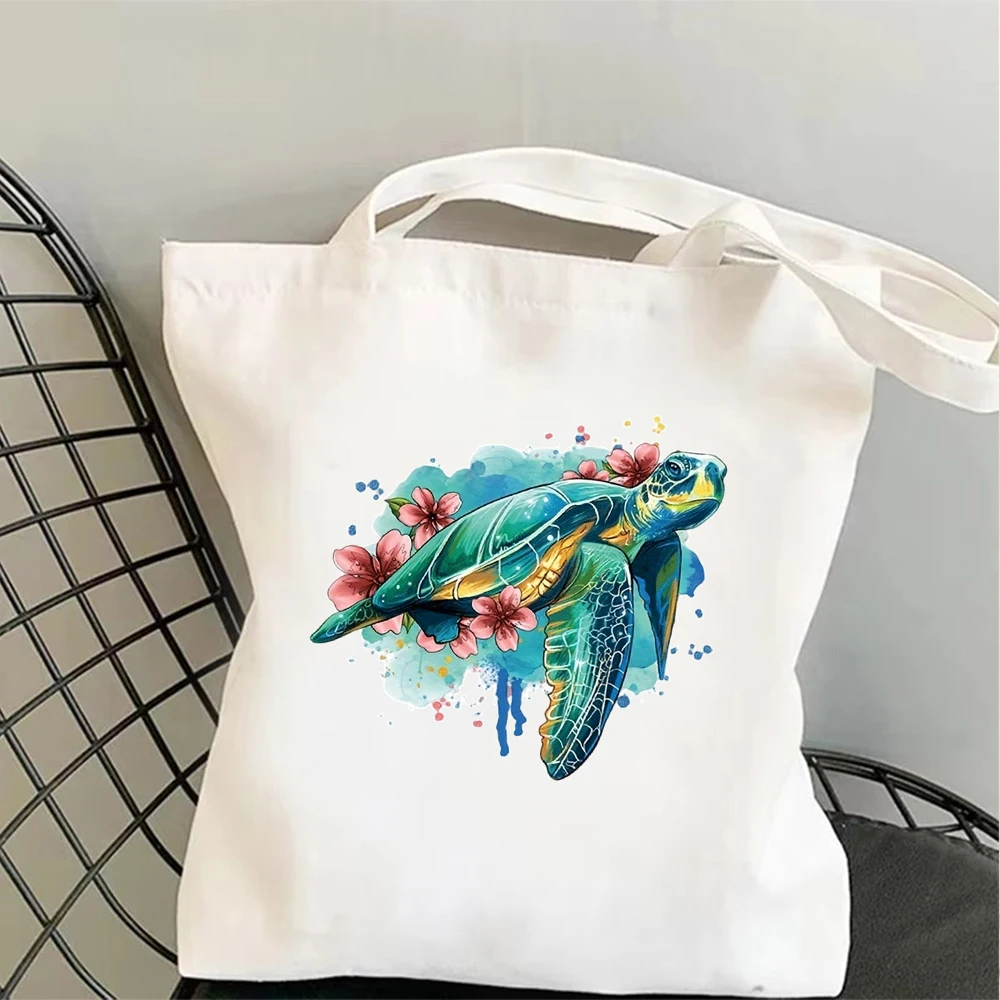Aesthetic Marine Sea Turtle Canvas Tote Bags for Women Graphic Flower Animal Print Large Capacity Shoulder Grocery Handbag