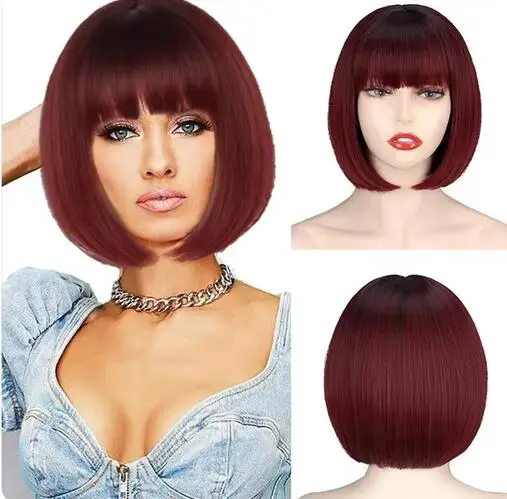 Women Short Straight White Bob Wig with Bangs Synthetic Hair for Daily Party Cosplay Halloween