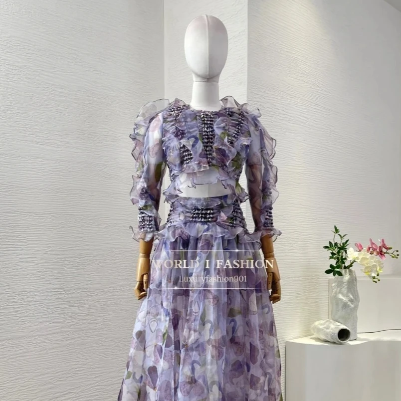 

Summer Holiday Violet Purple Long Sleeve Ruffles Frilled See Through Floral Print Blouse Tops and Skirt Set 2025 New