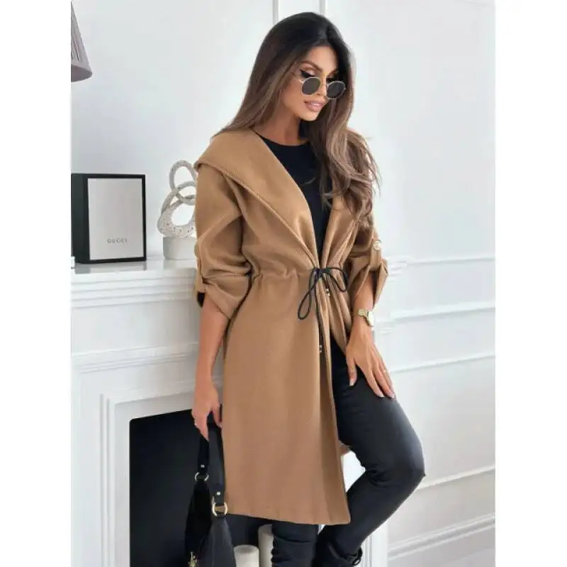 

Шерстяной длинный кардиган с капюшоном и шнурком на талии 2025 Тренч