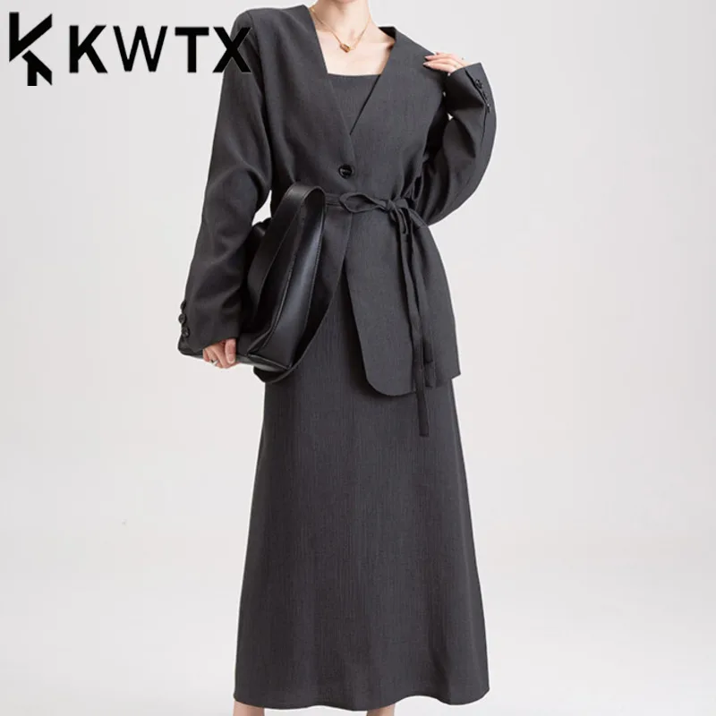 

KWTX 2025 весна-лето женский шикарный костюм и платье-комбинация комплект из 2 предметов элегантный офисный наряд для ужина легкая рабочая одежда