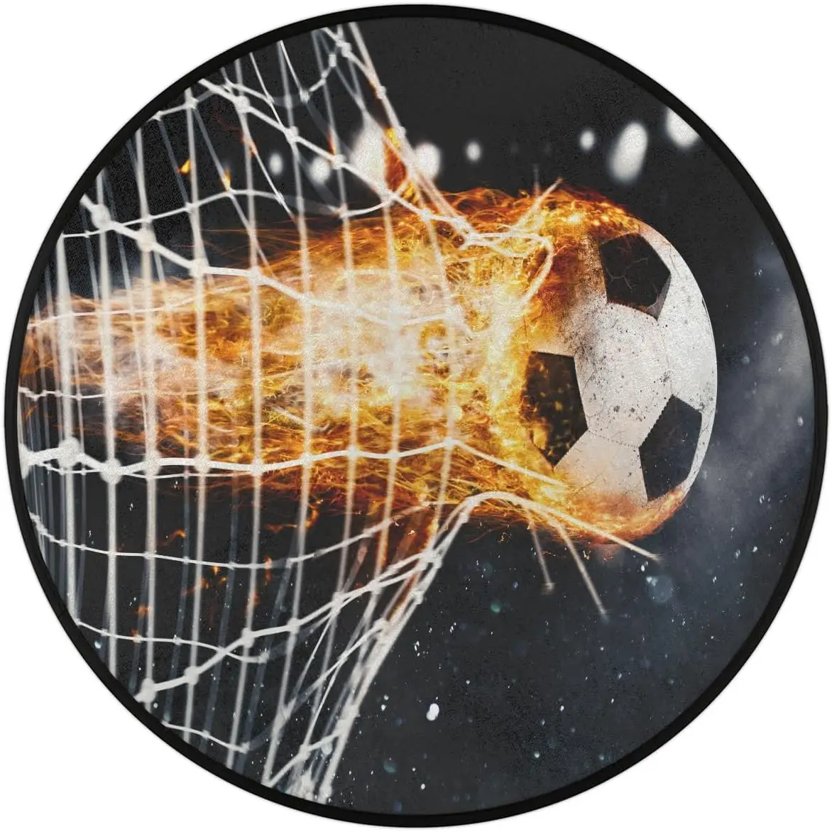 Football Fireball Scoring A Goal Online Round Rug,Washable Soft Circular Floor Mat, Non Slip Low Pile Area Rugs for Kids Bedroom