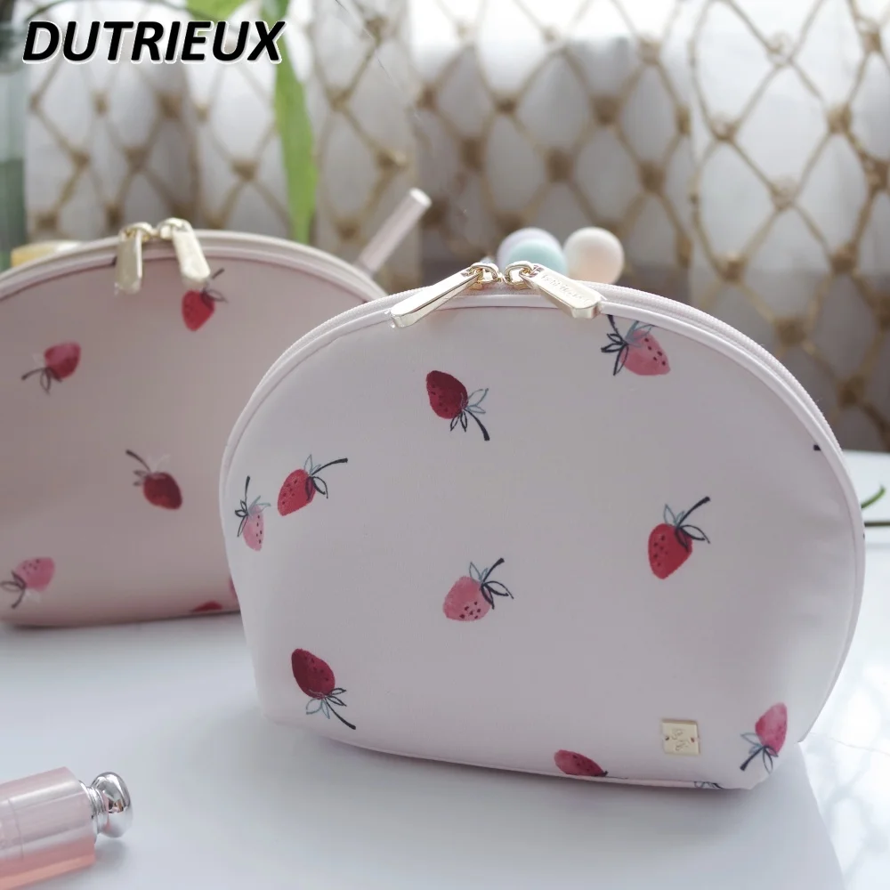 

Cute Sweet Strawberry Printed Cosmetic Bags for Women Small Portable Semi-round Clutch Portable Makeup Storage Shell Bag