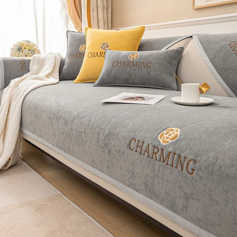 

Thickened Chenille Embroidery Sofa Mat Winter Anti Slip White Color Seat Cushion Leather Sofa Special Sofa Cushion Couch Cover