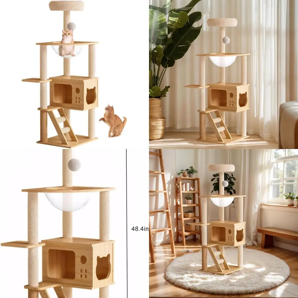 

Деревянная кошачья стойка для дома с сизалевыми стойками для когтетрасс, акриловым гамаком и верхним лежаком для кошек всех размеров