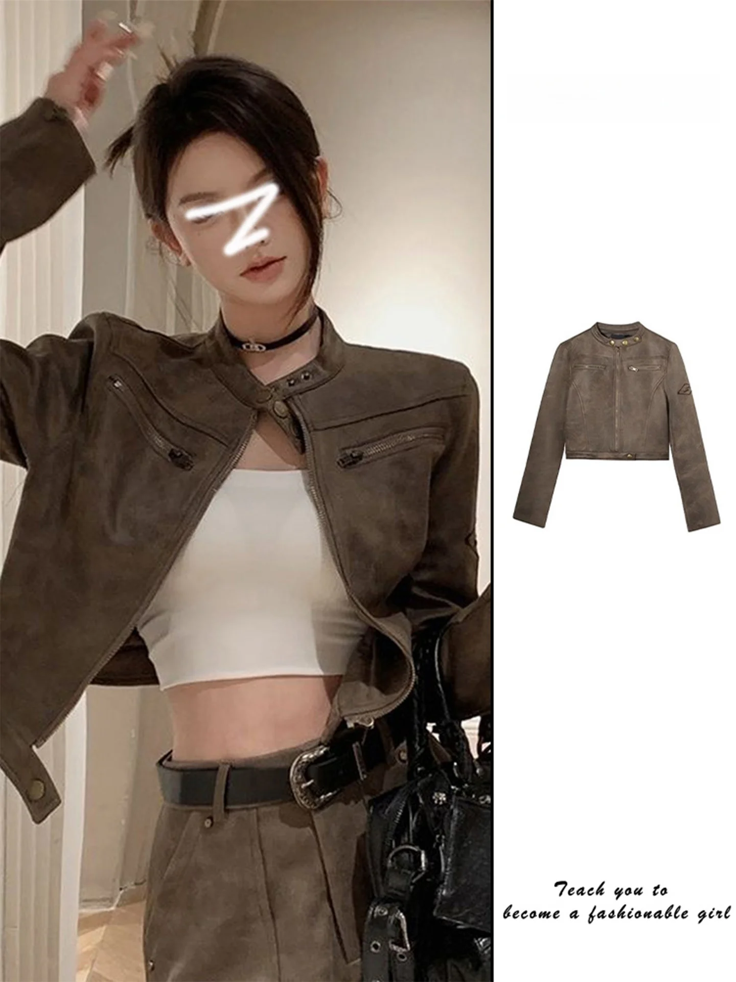 

Коричневый замшевый кожаный джет в стиле ретро, женский облегающий мотоциклетный джет, модный топ для осени, женский размер-стойка Faion