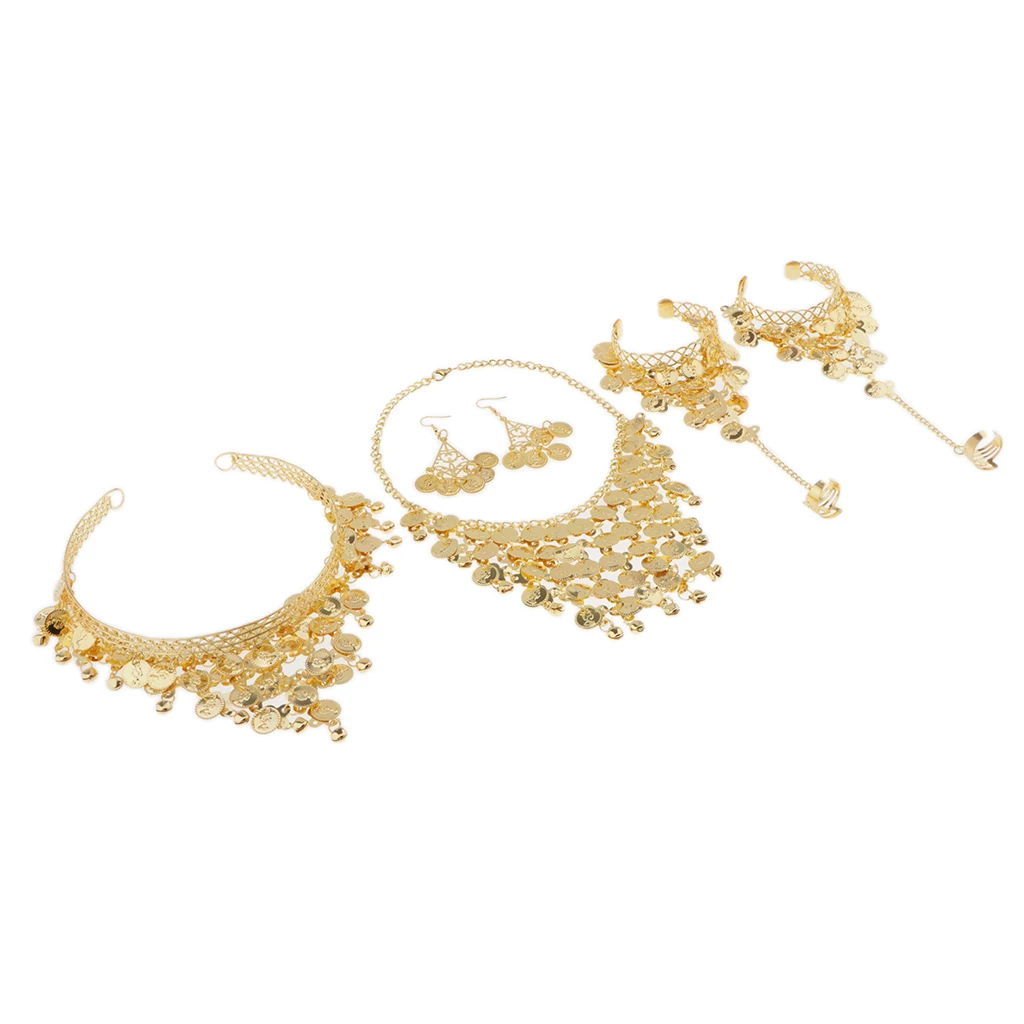 مجموعة مجوهرات الغجر للرقص الشرقي، عصابة رأس معدنية غريبة، أقراط وقلادة وأساور لأداء عرض الحفلات #5