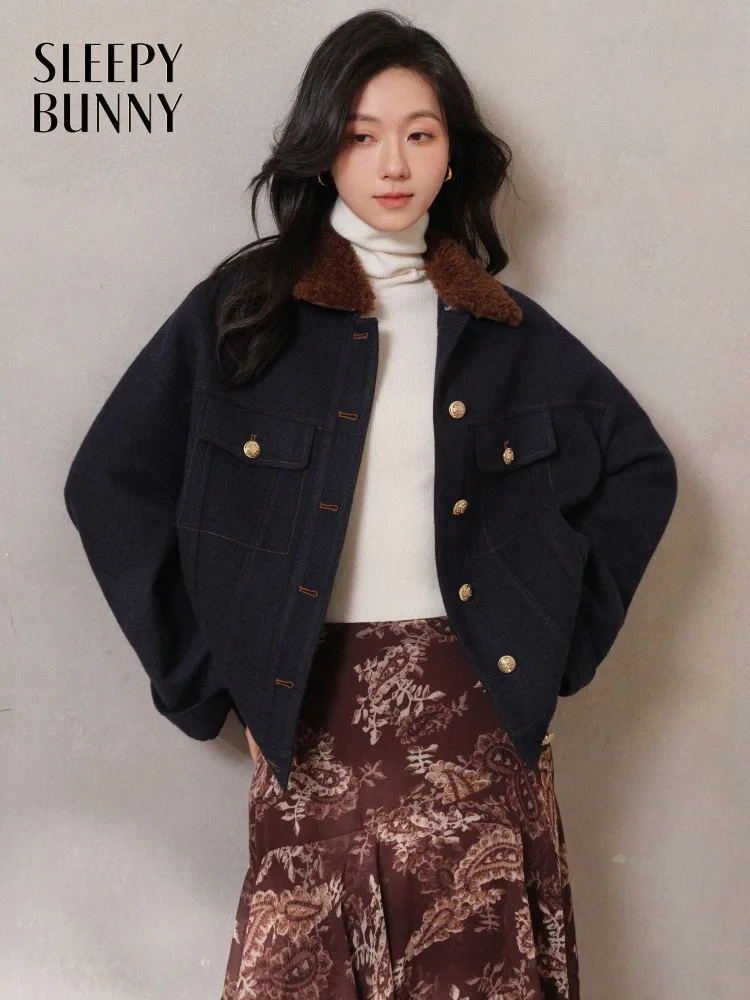 

Женская винтажная куртка с флисовым воротником, теплая короткая рабочая одежда, пальто, свободная дизайнерская верхняя одежда, зимняя повседневная уличная одежда с контрастной строчкой