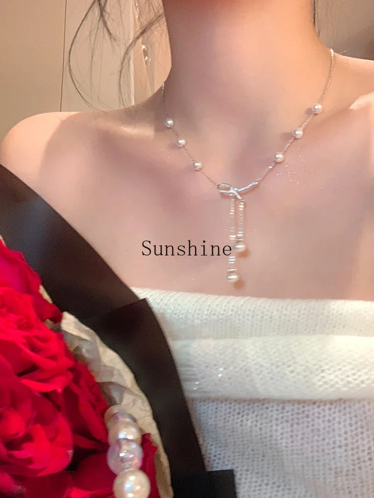 Bow Pearl Tassel Necklace Niche Neck Chain Design Sense Premium Clavicle Chain