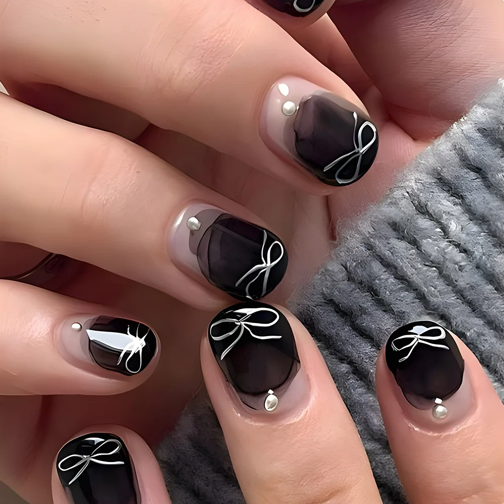 

24pcs Black Tulle Press-On Nails with Pearl Accents & White Bow, Edgy & Elegant Short Oval Shape, Assorted Sizes