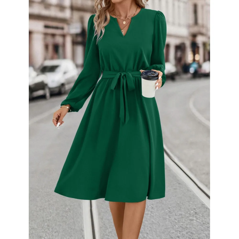 New Autumn And Winter Women's Fashion Long Sleeved Small V-neck Strap Dress Women's Green Elegant Casual Waist Pulling Vestidos