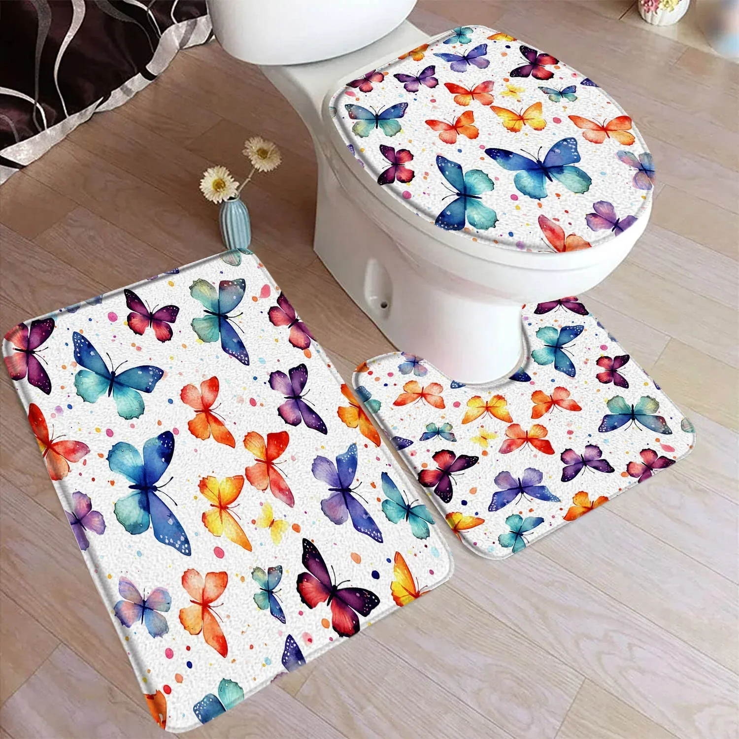 Colourful Butterfly Bath Mat Set Watercolour Butterflies Abstract Art Flannel Home Carpet Bathroom Decor Floor Rugs Toilet Cover