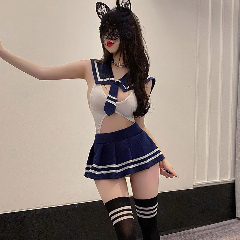 Women Sexy Cosplay Lingerie Student Uniform Set Ladies Sexy Costume Babydoll Dress Women Open Crotch Bodysuit Miniskirt Outfit