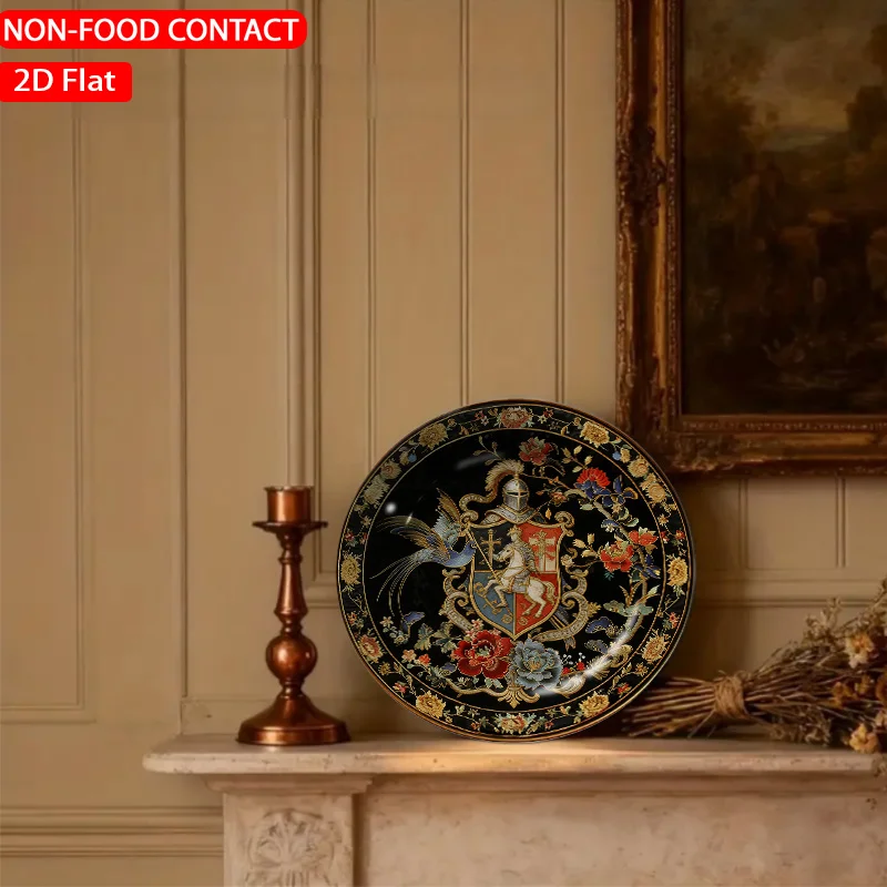 1pc Embroidered Heraldic Knight Black Ceramic Plate Non-food Contact, Home Desk Ornaments, Living Room and Bedroom Decorations,