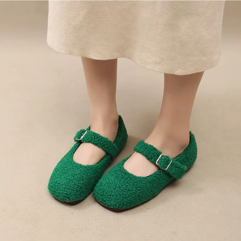 Elegant Square Toe Lambswool Mary Jane Shoes Woman Fashion Teddy Fur Ballet Flats Ladies Winter Warm Plush Loafers in Pink Green