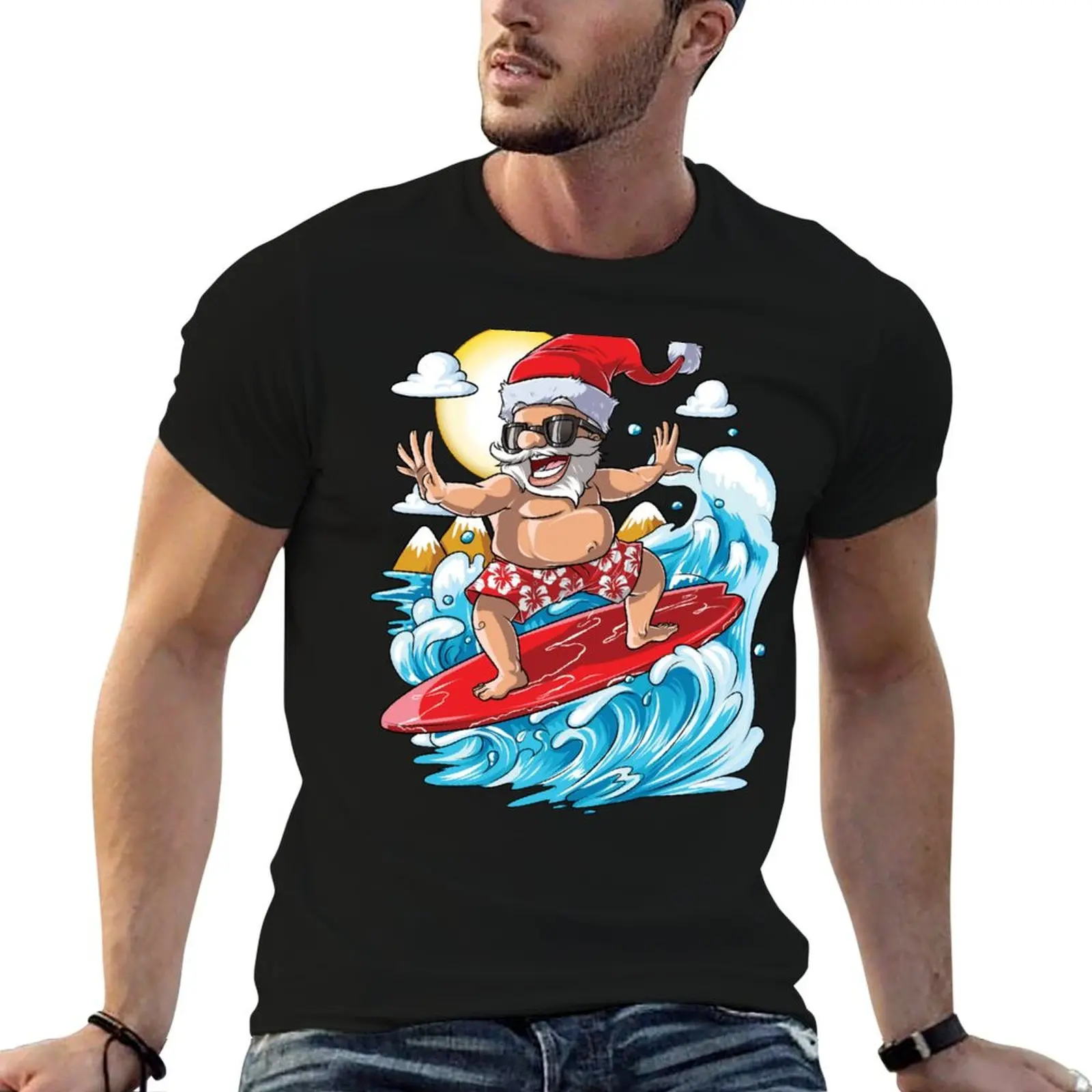 Santa Hawaiian Surfing T Shirt Christmas Summer Surf Hawaii T-Shirt Large Size Casual Tee Shirt
