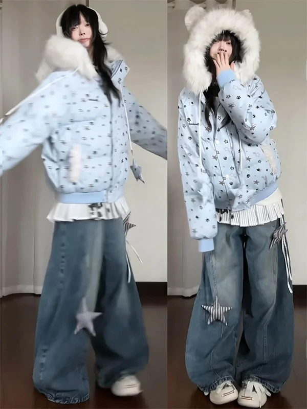 

American Retro Winter Thickened Warm Cotton Jacket Coat Hooded Loose Design Cute Fashionable Women's Korean Style Commute