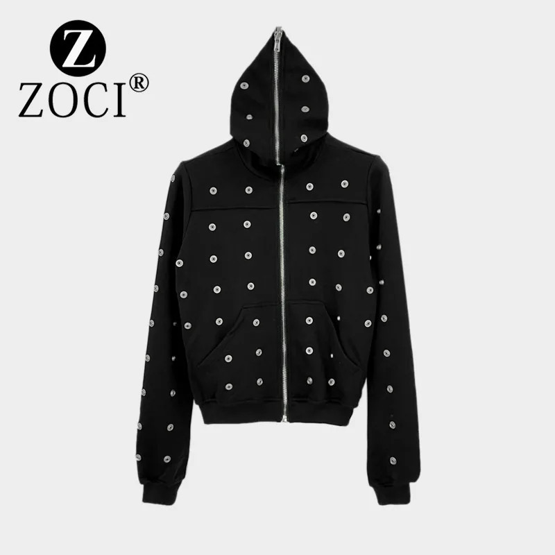 Dark Women's Street Style Multi Button Willow Nail Decorative Hoodie Coat