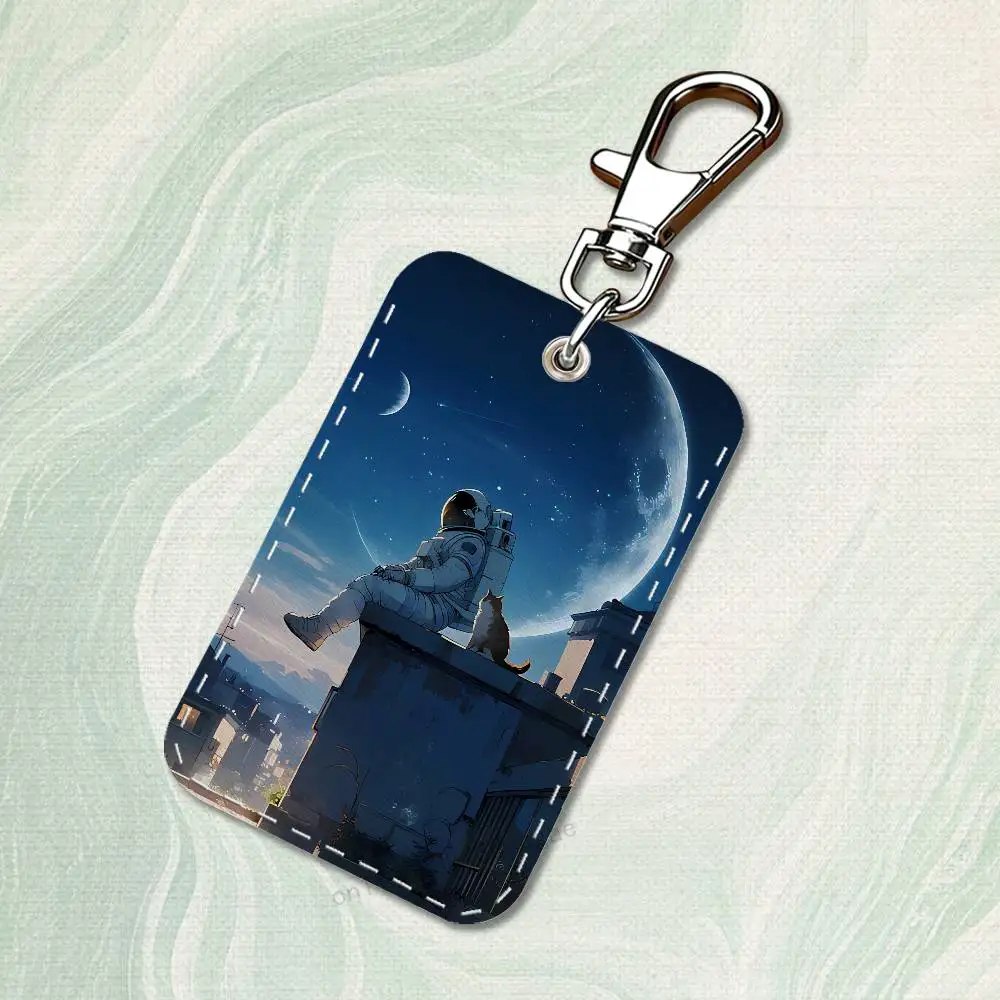 Etui na karty w kształcie prostokąta z motywem astronauty z kreskówki, uroczy brelok, etui na karty dostępu, zawieszka do kluczy, skórzany brelok do kluczy, etui na karty, brelok do kluczy.