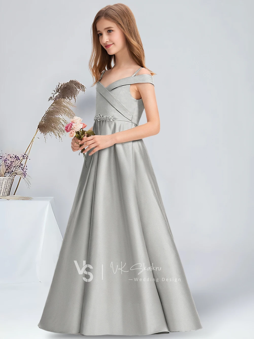 SDF Ball-Gown/Princess Cold Shoulder Floor-Length Satin Junior Bridesmaid Dress Silver Flower Girl Dress for Wedding Party Kids