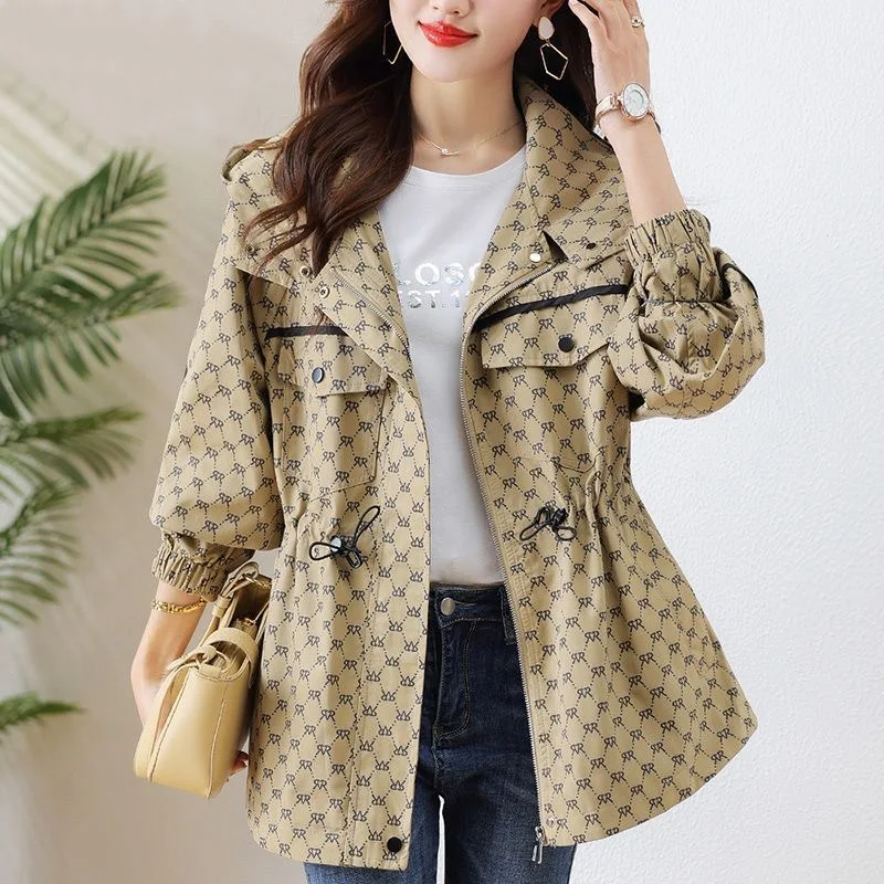 Print Drawstring Waist Hooded Trench Coats Mid Length Big Size 4xl Loose Vintage Gabardina Korea Women Fashion Windbreaker