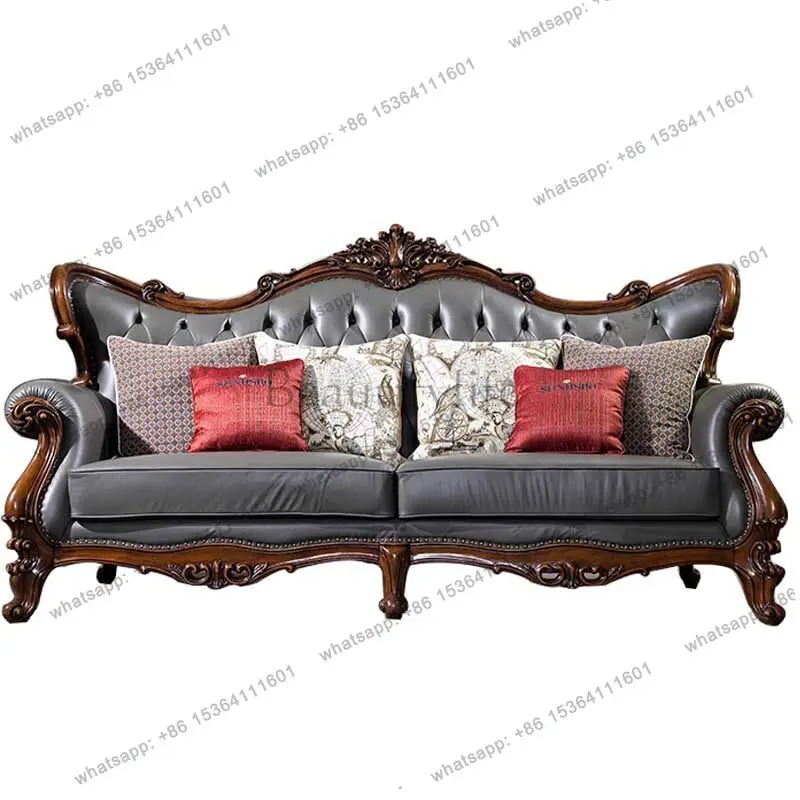 

European leather sofa solid wood combination villa living room furniture American small apartment retro leather sofa