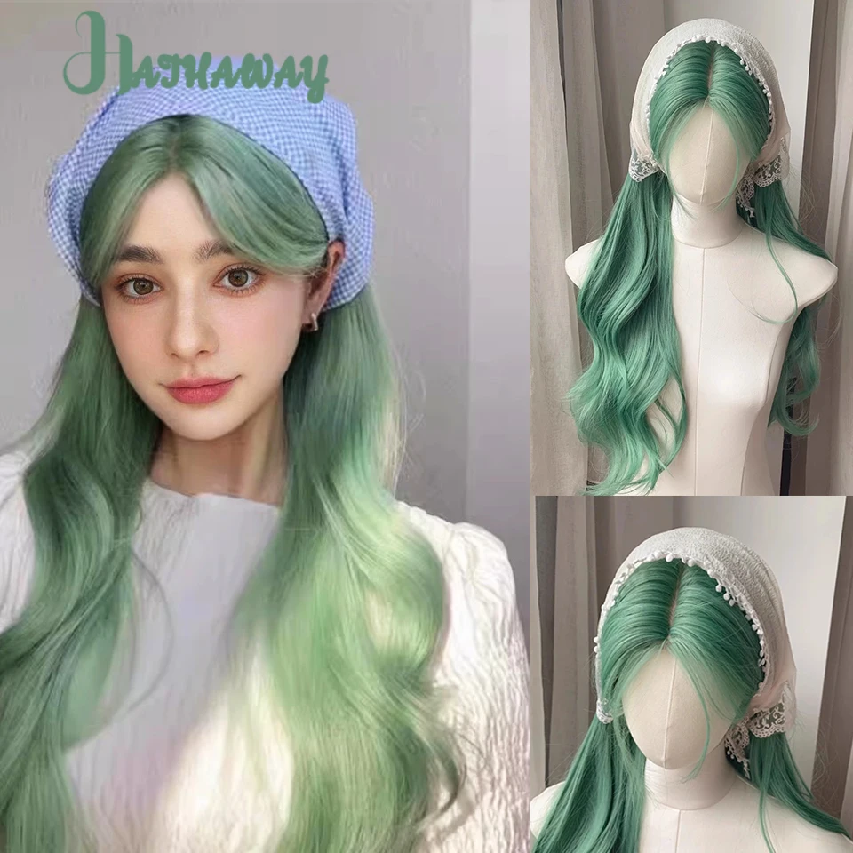 

Long Grass Green Wavy Synthetic Wigs with Bangs for Women Body Wave Wigs Cosplay Daily Natural Use Hair Heat Resistant