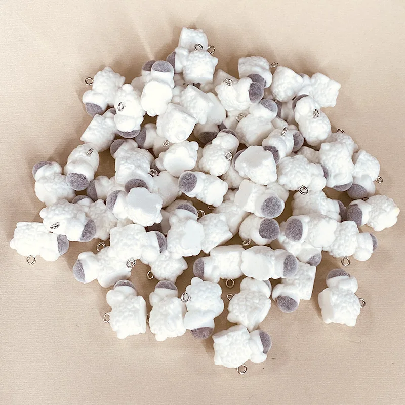 30pcs Flocked Sheep Resin Charms Bulk Wholesale Miniature Fluffy Doll Pendants For Earring Small Keychain Necklace Jewelry Charm