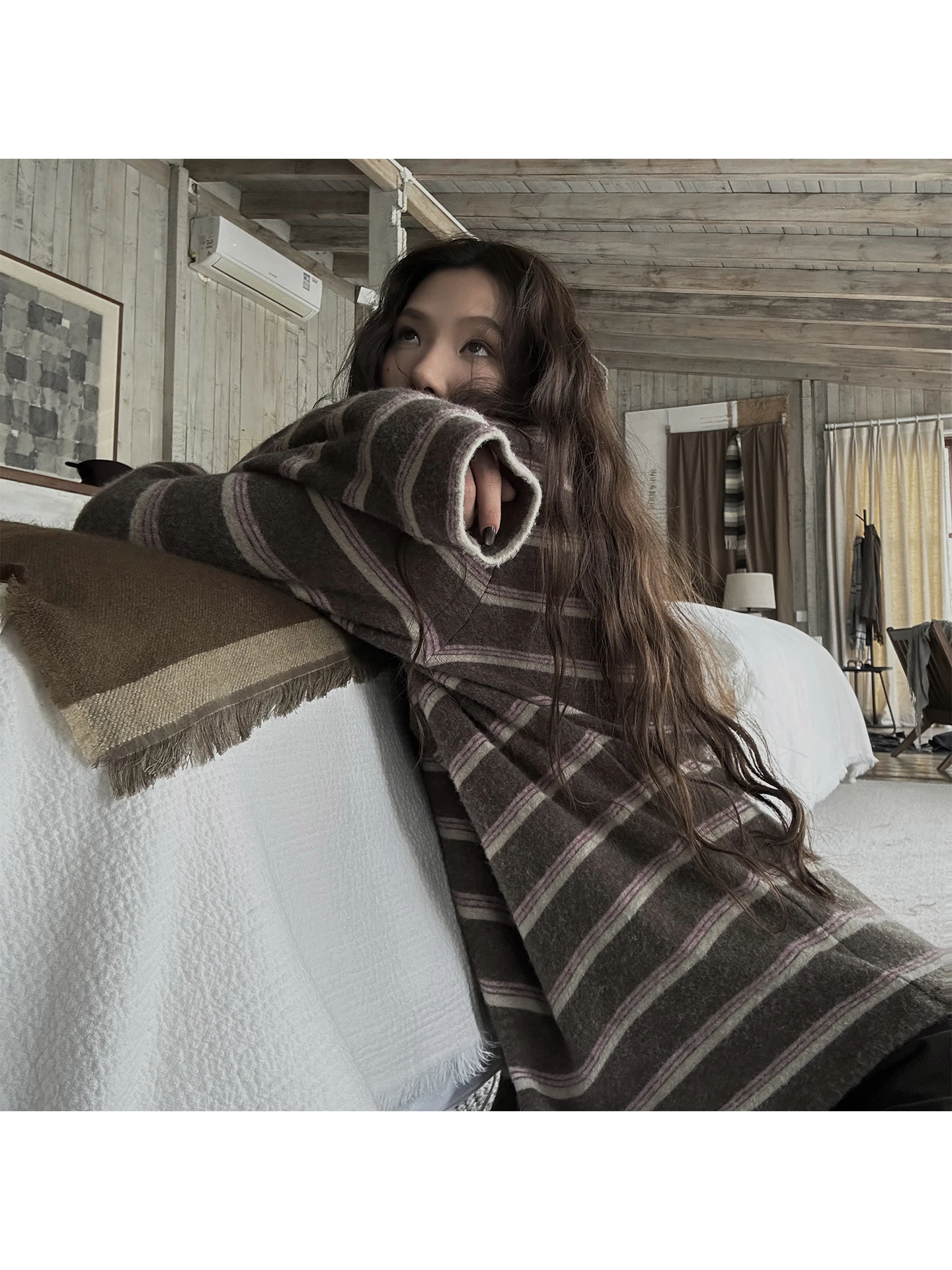 

JMWOMEN Women's Loose Fit Striped Sweater f High Collar Casual Sle Winter Top Color Blo Casual Faion Soft Material