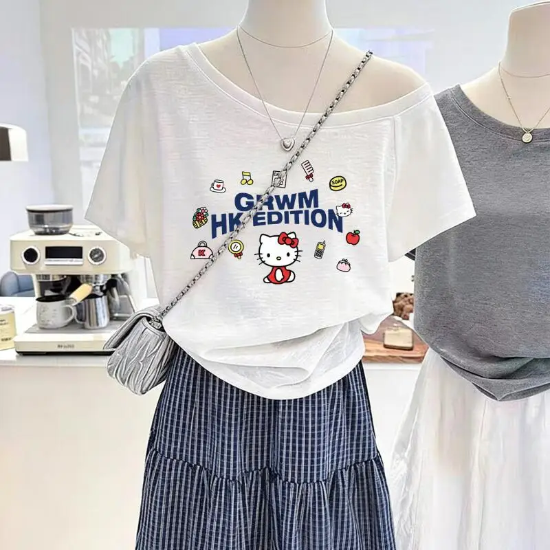 Short-Sleeved T-Shirt Hello Kitty Slanted Shoulder Cartoon Print Design One-Shoulder Temperament New Female Spring Summer Ins - view 6