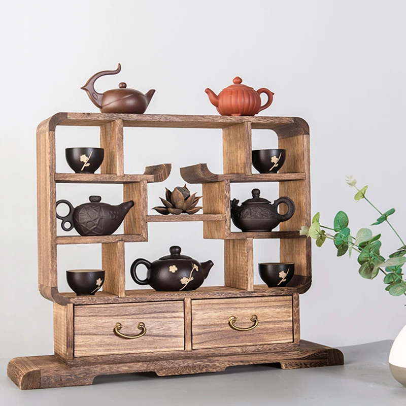 

Chinese Solid Wood Small Antique Rack Household Mini Desktop Tea Cup and Teapot Storage Rack Retro Tea Set Rack with Drawers