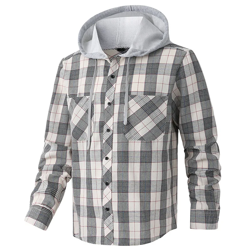 

Men's Retro Workwear Hooded Checkered Shirt Pure Cotton Multi-Pocket Casual Loose Long-Sleeved Spring New