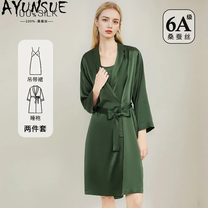 AYUNSUE 100% Silk Women's Pajamas and Robes Solid Color Pajama Sets Sleeveless Dress Long Sleeve Robe Womens Matching Sets 잠옷