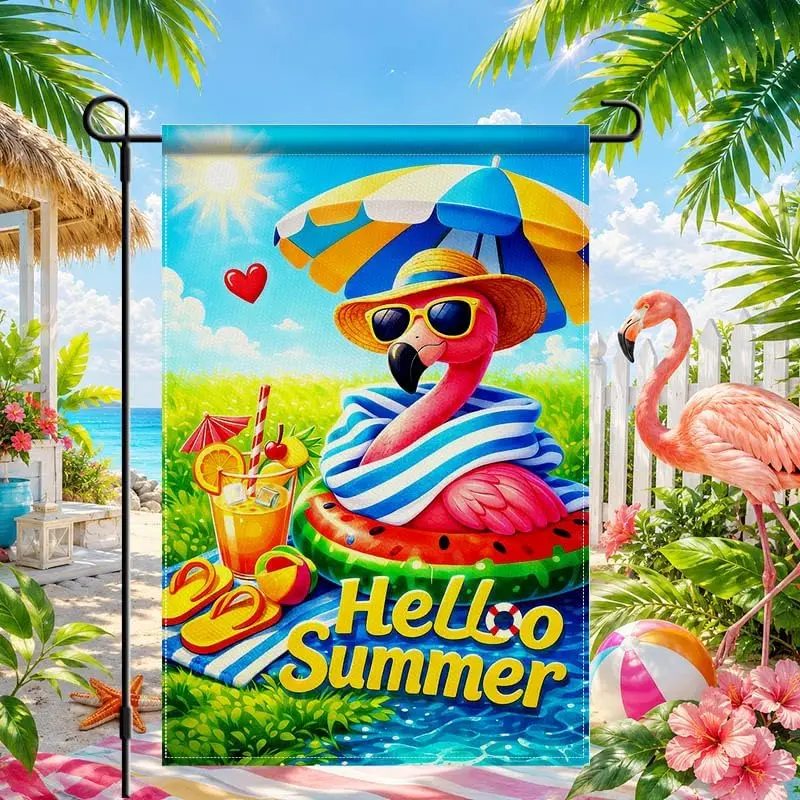 Hello Summer Flamingo Garden Flag 12x18 Inch Double Sided | Linen Flamingo for porch lawn patio summer outdoor decor llp