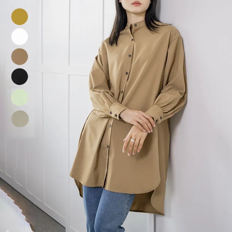 

Японская и корейская новая весенняя женская рубашка, свободная однотонная блузка средней длины с рукавами-фонариками и разрезом