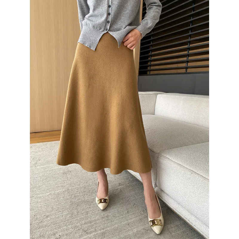 French Simple Elastic Waist Knitted Skirt Women Autumn 2024 Korean Chic Wild Black Khaki Gray A-Line Elegant Long Skirt