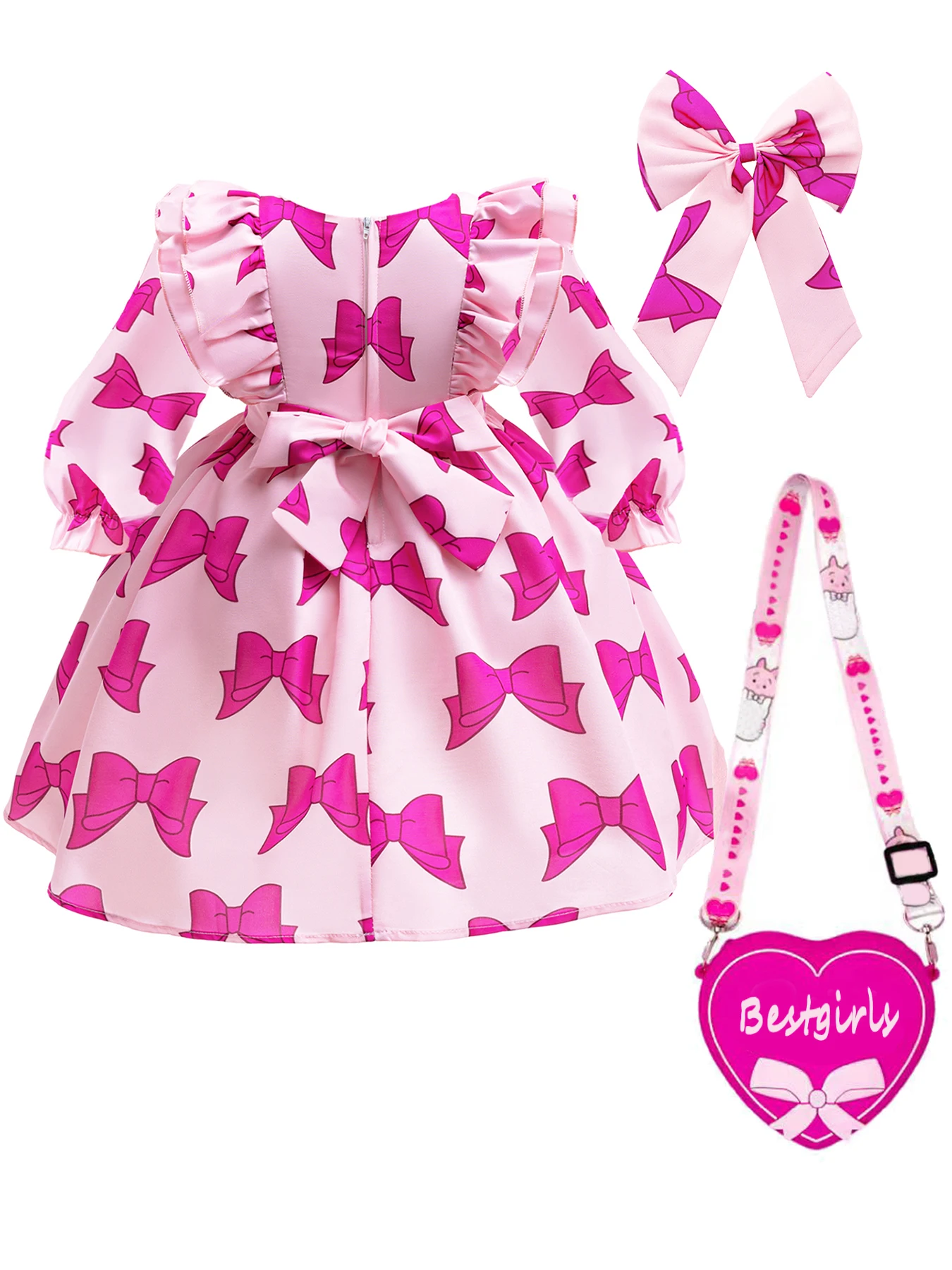 Long sleeved Girl\'s Dress Pink Bow pattern Girl\'s Dress Includes Accessories + Headwear + Backpac